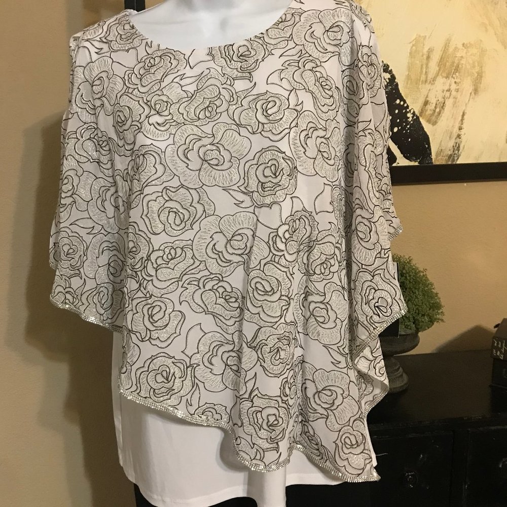 NWT Prelude White Sparkly Floral Blouse L
